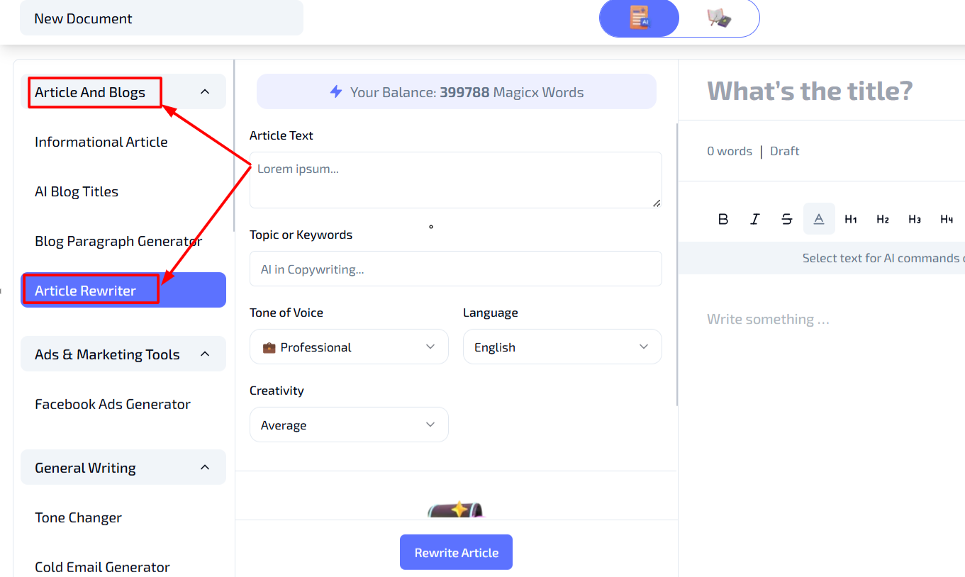 Access the Article Rewriter