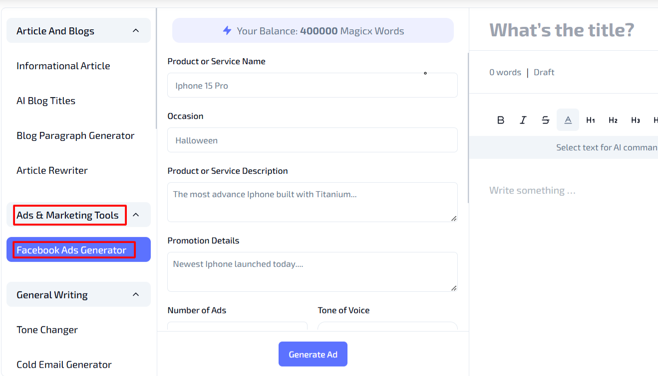 Select the Facebook Ads Generator